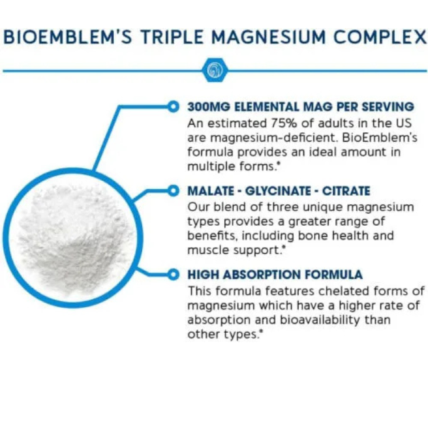 BioEmblem Triple Magnesium Complex | 300mg of Magnesium Glycinate, Malate, & Citrate for Muscles, Nerves, & Energy | High - Image 3