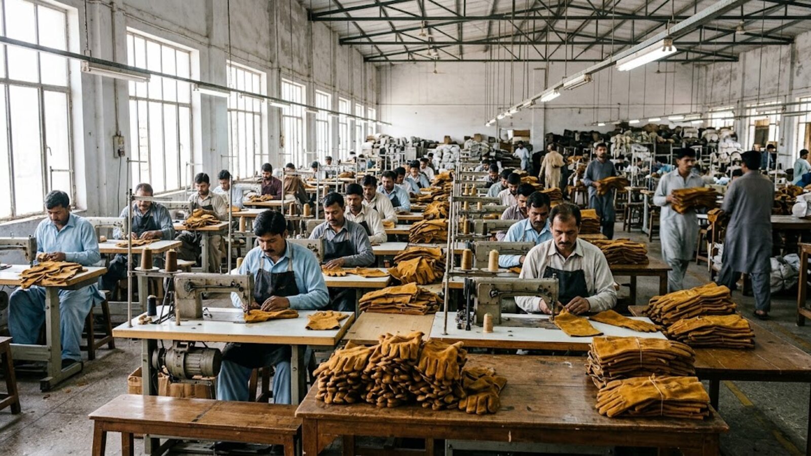 Sewing line at the Tritex Global Apparel glove factory in Sialkot