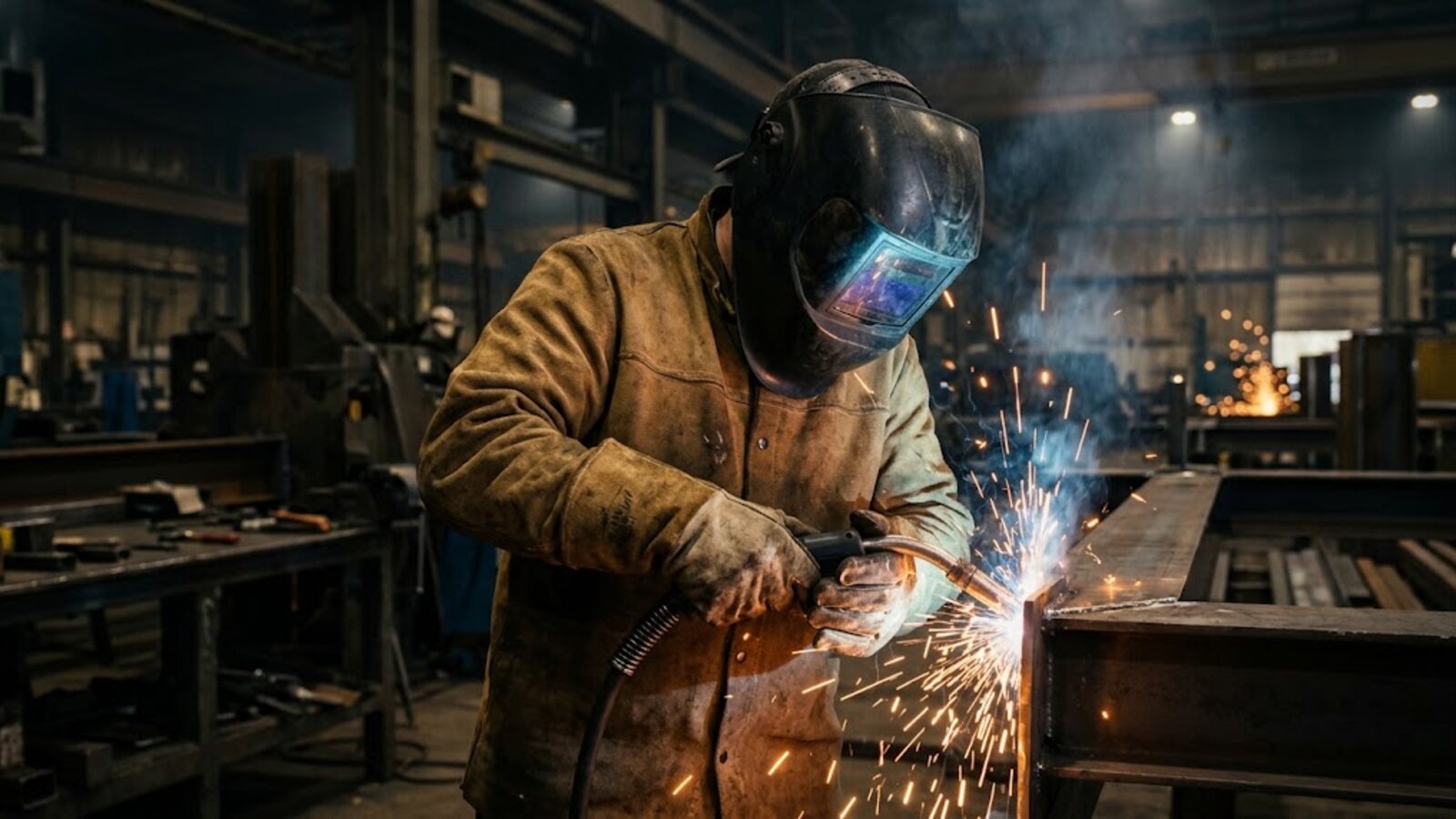 Welder in a Sialkot fabrication shop wearing Tritex leather welding gloves and jacket